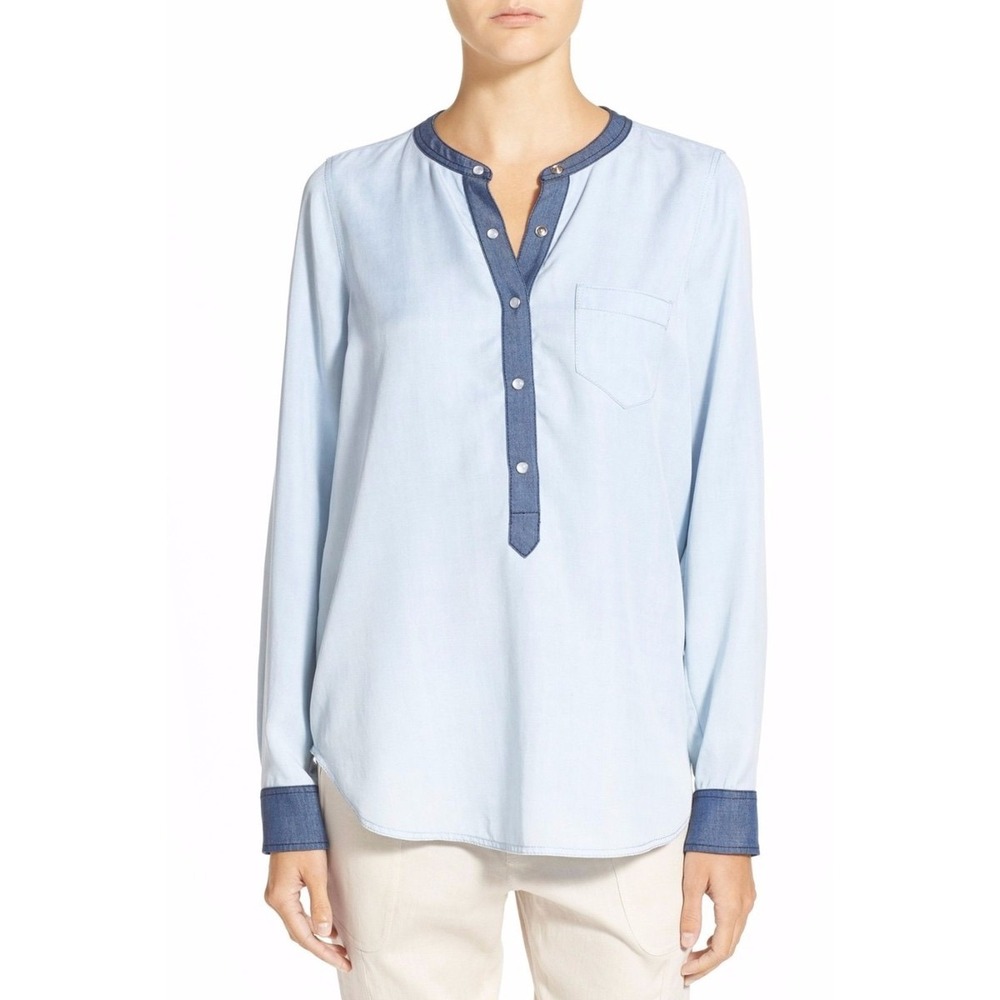 Vince Light Chambray Colorblock Popover Shirt Blue XXS